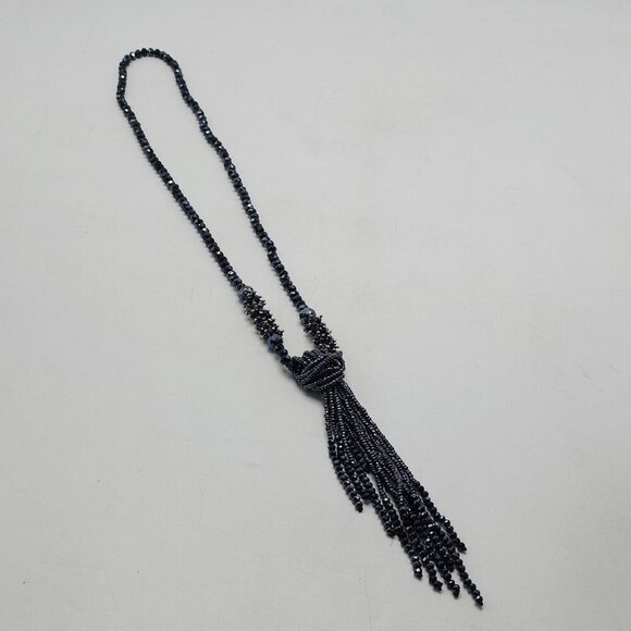 Black Blue Beaded Tassel Necklace With Sparkling Crystal Accents Vintage - Picture 4 of 8